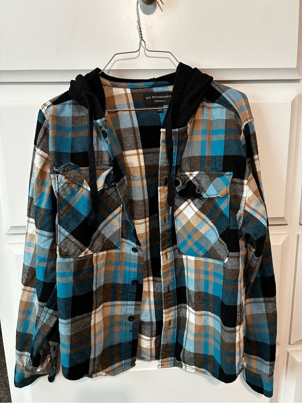No Boundaries Blue Black Tan Plaid Hooded Flannel Shirt